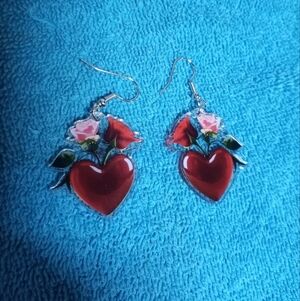 Heart and Rose Earrings - Red and Pink